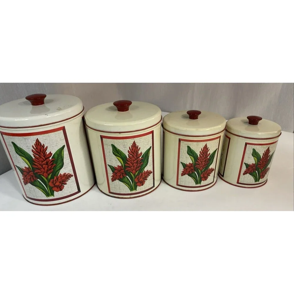 MCM 1950s Maid of Honor Metal 4pc Kitchen Canister Set Floral Pattern Red Knobs